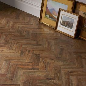 Detailed image of the Georgian Parquet dark wood effect flooring with wall art 