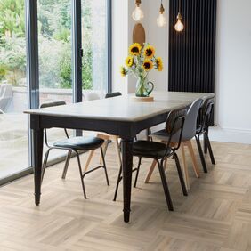 Dining table and chairs, bi folding doors, lights, flowers, parquet flooring 