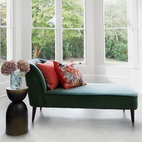 Chaise Lounge, cushions, bay windows, concrete effect flooring 