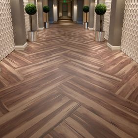 Corridor with plants and walnut effect flooring laid in a Herringbone pattern 