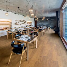 Cafe, tables, chairs, dark oak style floor 