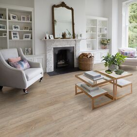 Living room, Armchairs, cushions, Fireplace, oak style flooring 