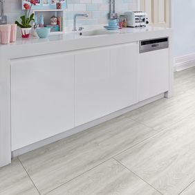 Modern white high gloss kitchen workstation with Brickwork wood tile effect, Bianco Oak inlaid with Grey Grouting Strip.
