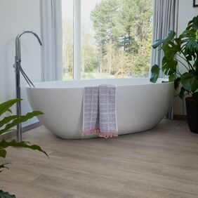 Bathroom, Bathtub, Widow, plants, wood flooring 