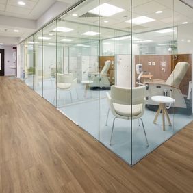 Modern treatment rooms with glass walls Oak flooring and Polysafe Verona flooring alongside 