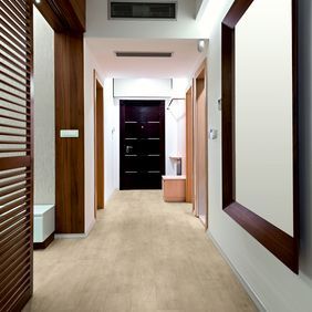 Corridor with large mirror feaaturing light wood effect flooring 