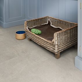 Pet bed, Pet water bowl, wall panels, cement style tile flooring