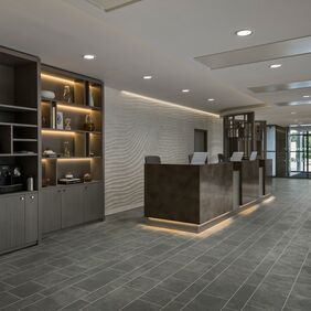 Reception, commercial, check in desk, display