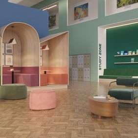 Oak effect parquet flooring in a modern learning zone