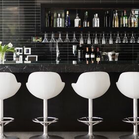 Bar, Stools, mixers, high gloss car, wine, oak style wood flooring
