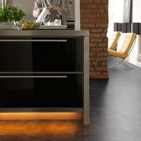 Kitchen Island, lady, cooking, dark tiles