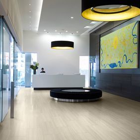 Light wood effect flooring in a modern reception area