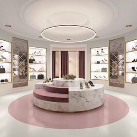 Designer store elegant fitting room with a marble seating