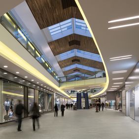 Indoor shopping centre with wood effect flooring