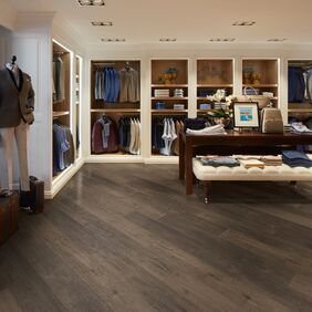 Department store, shirts, clothes, seating, dark oak flooring 