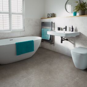 Bathroom, Bathtub, Sink, Accessories, concrete effect flooring, modern 