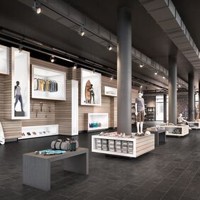 Charcoal coloured tiles in a surfers clothing shop