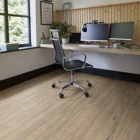Office work bench, wood panel walls, window, oak effect flooring 