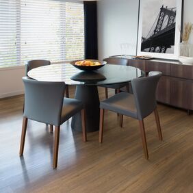 Dining table, chairs, window, ceiling light, oak flooring 