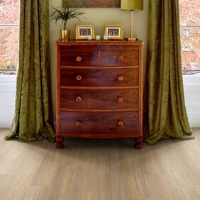 Rustic draws, art, curtains, dark oak flooring 
