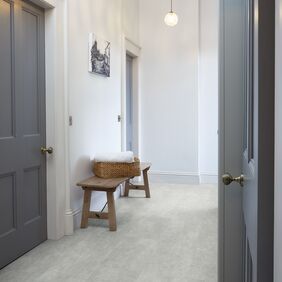 Hallway, Grey doors, Rustic bench, weave basket, Grey stone effect flooring 