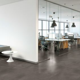Office, Modern, desks, large glass windows, Grey, Dark, Concrete, flooring 