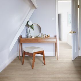 Dressing table, stool, mirror, oak effect flooring