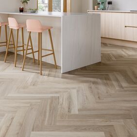 Kitchen bar, stools, patio doors, herringbone style oak flooring 