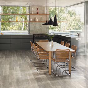 Kitchen, Dining table, hanging lights, chairs, oak style wood flooring 