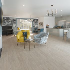 Oak effect flooring laid in a communal kitchen area