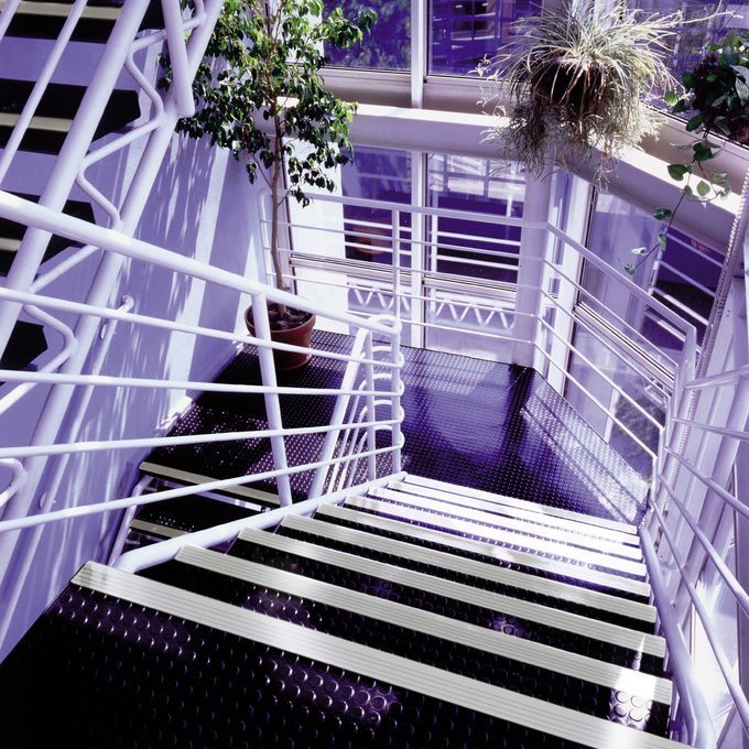 Commercial stairway with black flooring