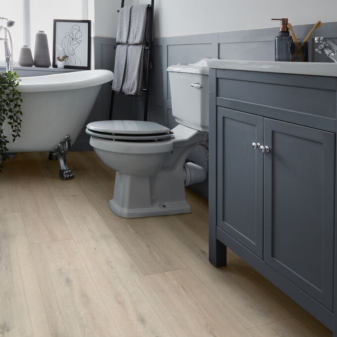 Bathroom, Bathtub, Towel rail, Oak effect flooring