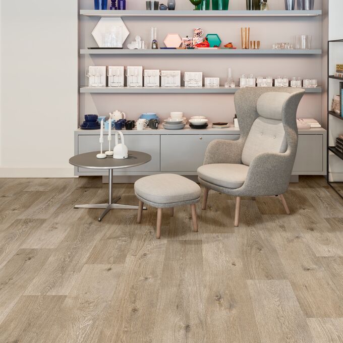 Oak effect flooring laid in a home store