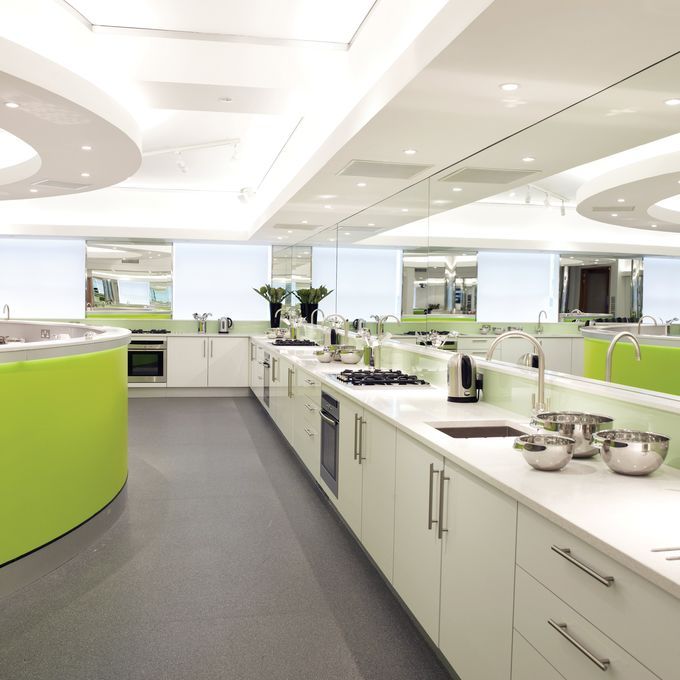 Dark grey safety flooring in a cooking school kitchen