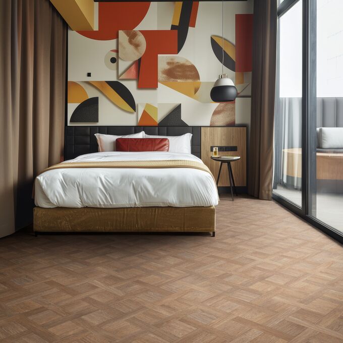 Wood effect flooring with a basket weave pattern laid in a double bedroom