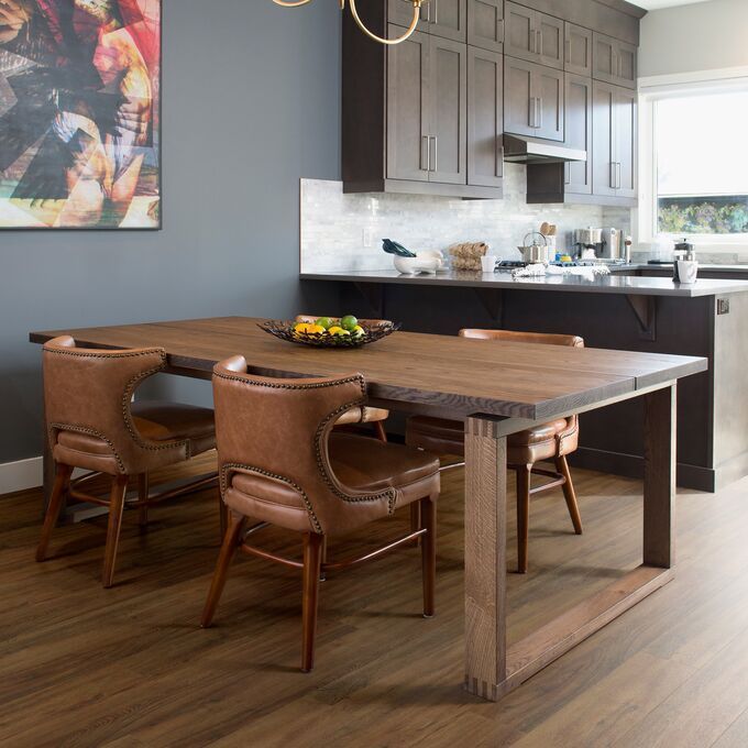 Kitchen, Rustic dining table and chairs, hanging lights, dark oak style floor 
