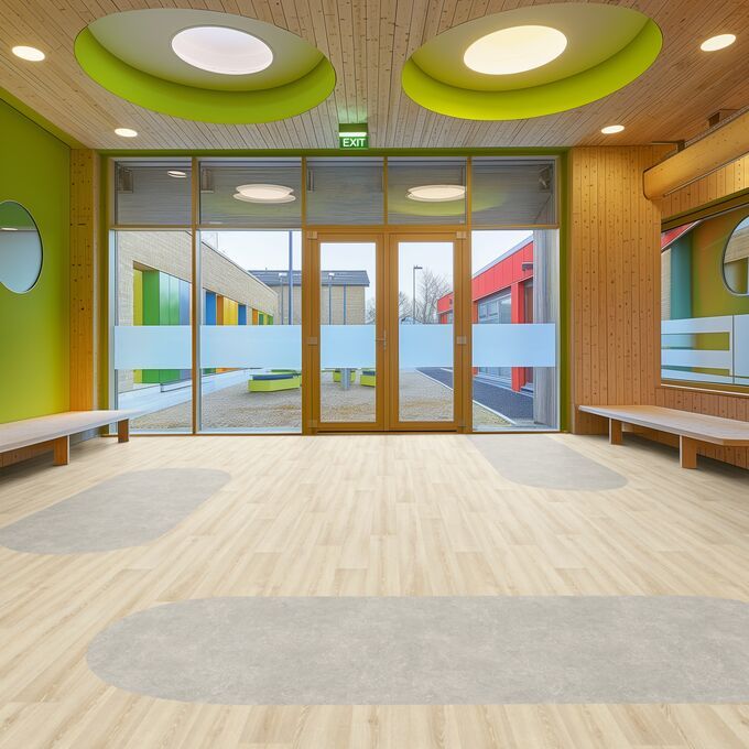 Light coloured ash effect flooring laid in a school waiting area