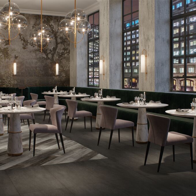 Dark cement effect flooring laid in a resturant