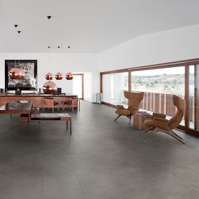 Large modern office with grey flooring