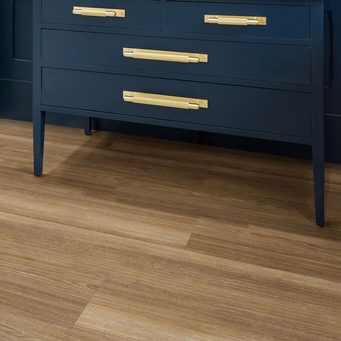 Bathroom, Dark blue wood sink storage, gold accessories, Ash colour wood style flooring 