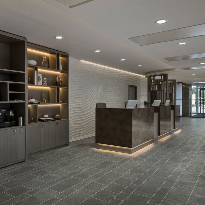 Reception, commercial, check in desk, display