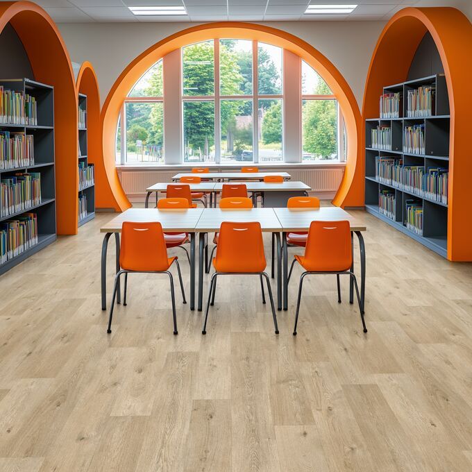 Light coloured oak effect flooring in a school classroom