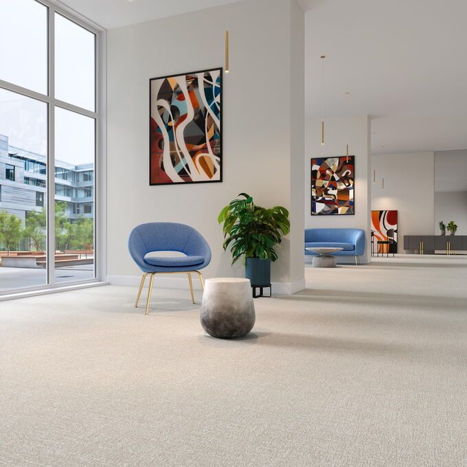Polyflor Expona Fabrik in Light Beige lad in a communal area