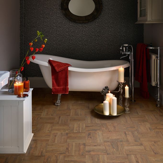 Modern bathroom featuring dark wood effect flooring Georgian Parquet