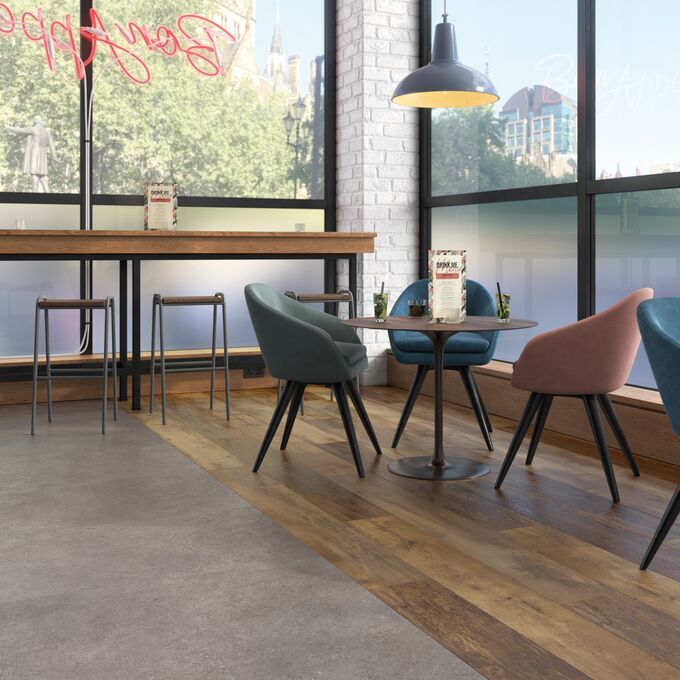 Wood effect flooring in a cafe seating area