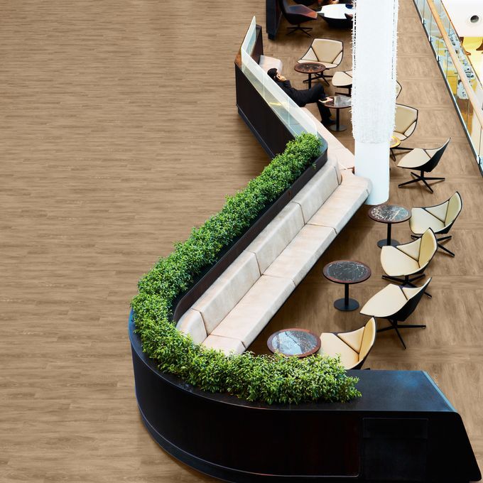 Light wood effect flooring in a dining area 