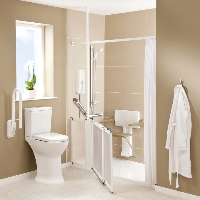 Neutral colour safety flooring in a adapted bathroom with walk in shower and toilet 