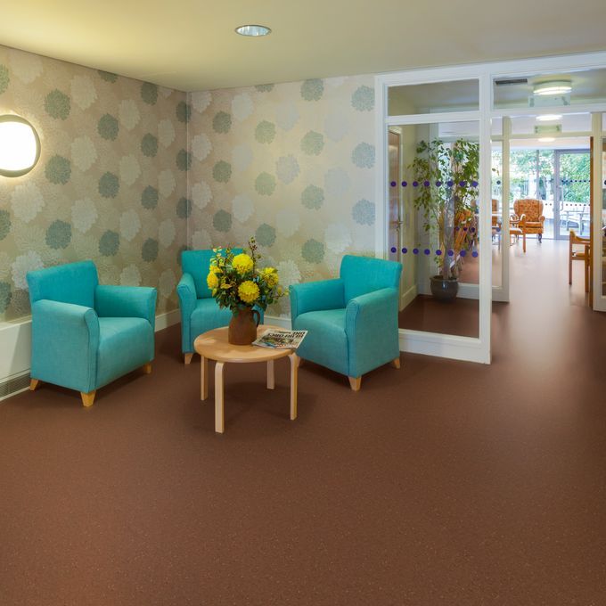 Dark brown flooring in a Aged/Residential care home communal space