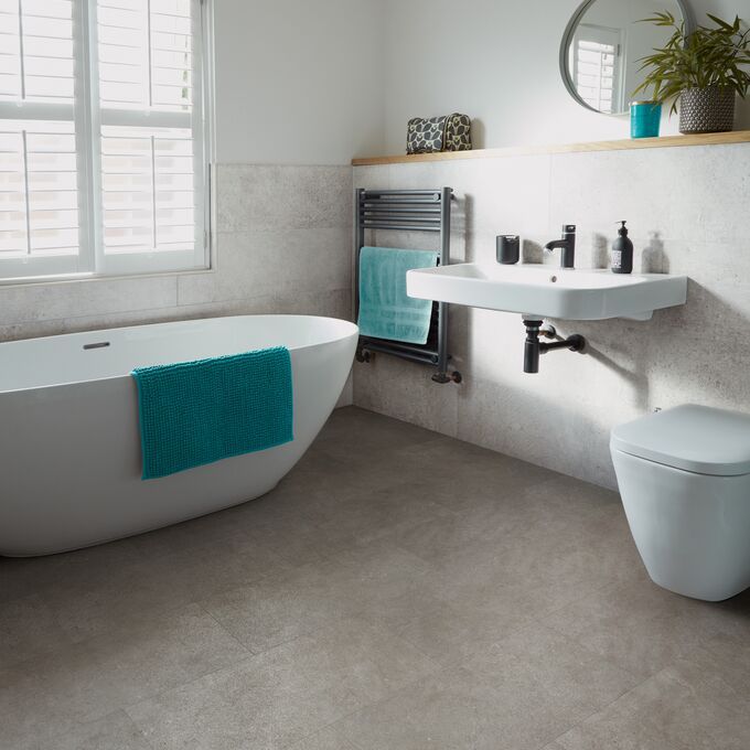 Bathroom, Bathtub, Sink, Accessories, concrete effect flooring, modern 