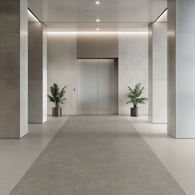 Light grey coloured flooring laid in a lift vestibule 